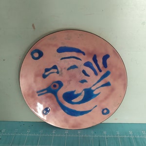 Mid Century Enamel On Copper Roadrunner Plate Signed Mia