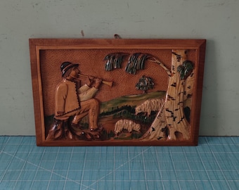 Polish Folk Art Wood Carving Wall Plaque Gorals Highlanders Tatra Mountains Sheepherders