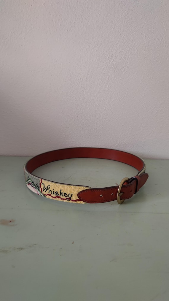 Needlepoint Alley Leather Belt Whiskey Caol Ila Scotch Dewar's Glenlivet Bushmills Size 36