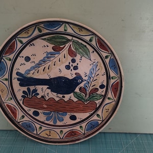 May include: A white ceramic plate with a blue bird and floral design. The plate has a brown, red, yellow, and green border.