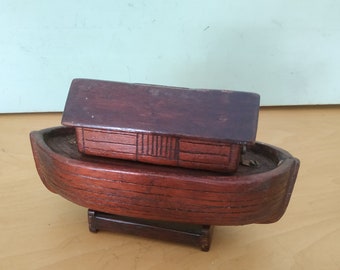Antique Wood Carved Noah’s Ark Folk Art Coin Saver Bank