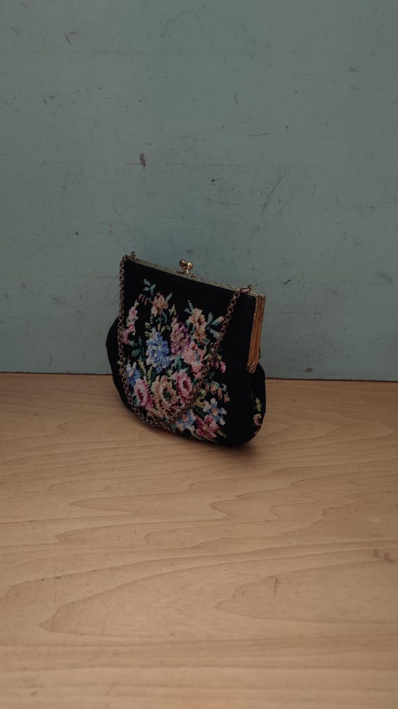 Needlepoint Purse Petite 1950’s Needlepoint Black Tapestry Floral Rose Evening Handbag