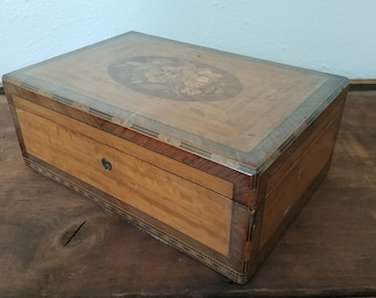 Antique Inlay Marquetry Heavy Wood Jewelry Trinket Box