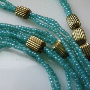 Vintage 50's Beaded Turquoise and Gold Color Three Strand Necklace 30 Long image 5