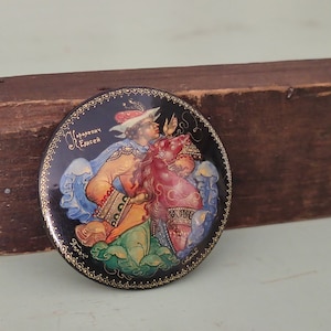 Fairytale Folk art Prince Elisah Hand Painted Lacquer Brooch By Subyakov Village of Palekh