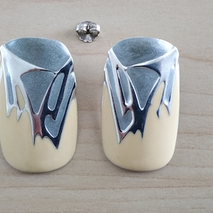 Art Nouveau Earrings / Vintage Art Nouveau Aluminum Enamel Silver Extra Large Pin Back Earrings