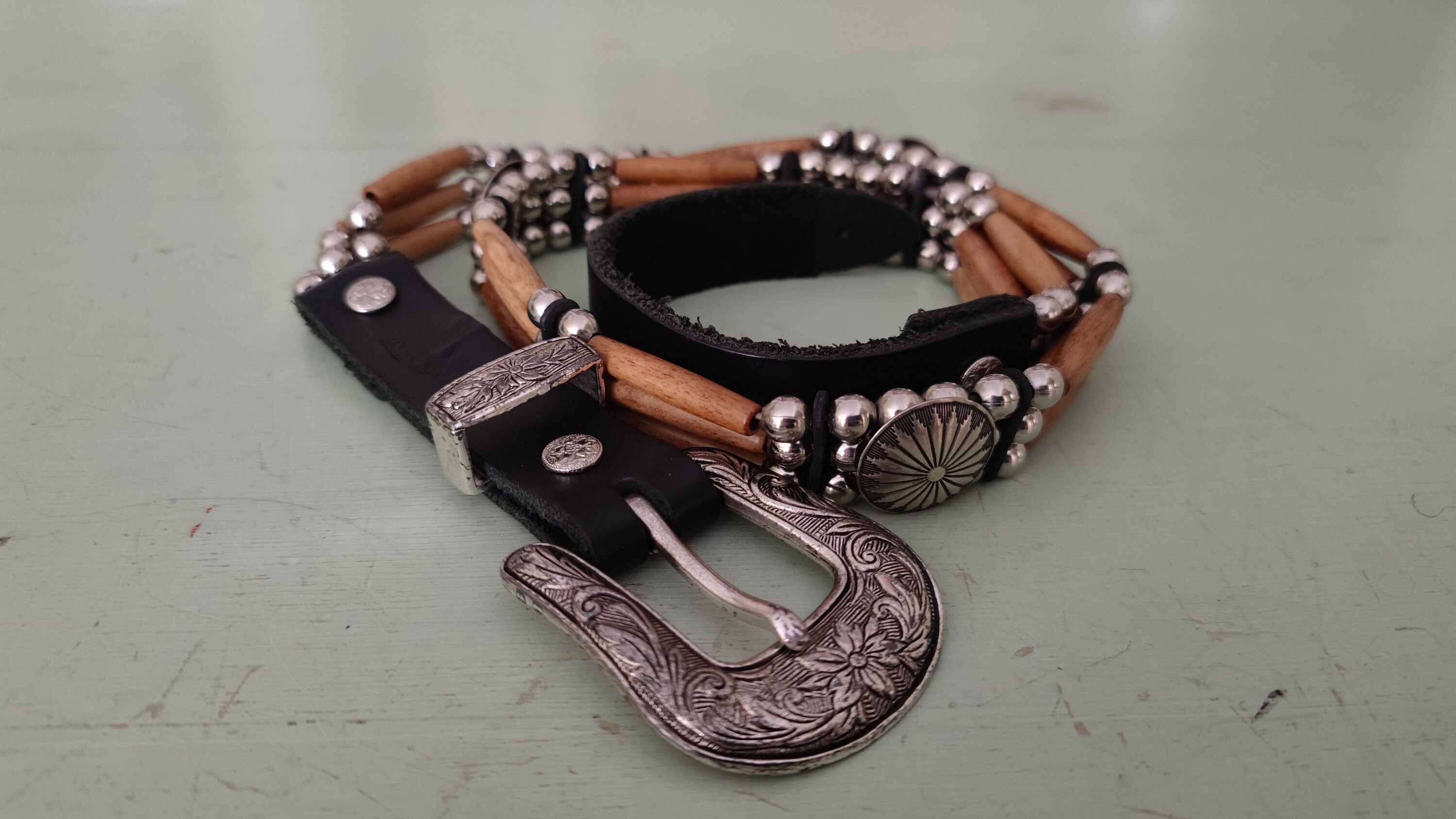 Vintage black leather and bone bead concho belt sz 30 Women main image 4