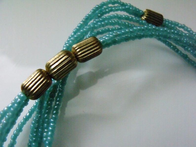 Vintage 50's Beaded Turquoise and Gold Color Three Strand Necklace 30 Long image 6