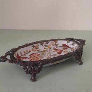 Bronze Footed Porcelain Floral Jewelry Dish Chinese Hua Rong Tang Zhi Porcelain