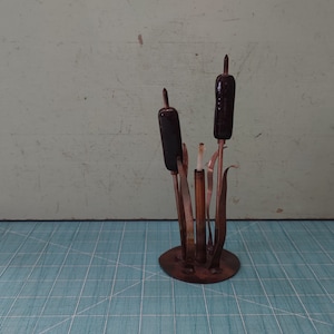 Copper Cattail Oil Lamp Sculpture Midcentury Metal Art Sculpture