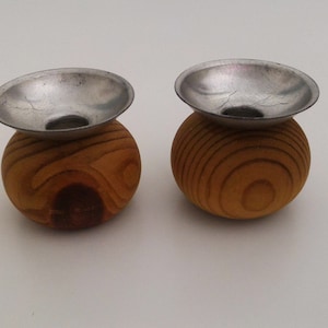 Aarikka Finland Pair of Miniature Round Candle Holders Wood and Metal