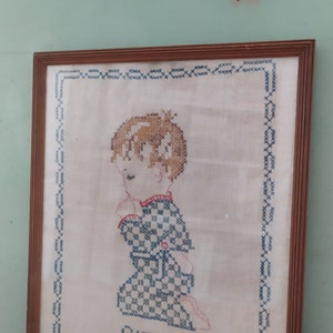 Vintage Amen Boy Bedtime Prayers Framed Cross Stitch 1950&#39;s Bear Brand (Bucilla)