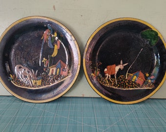 1930’s Mexican Black Tlaquepaque Plates Tonala Mexico Set of Two
