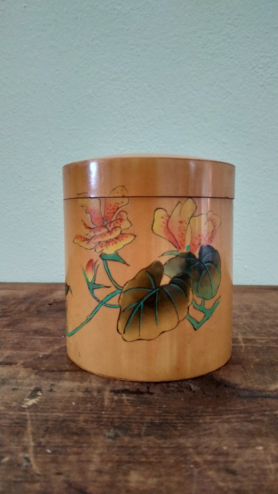 Vintage Bambus Holz Zylinder Dose China Tee kanister Caddy HNA Orchidee -   Österreich