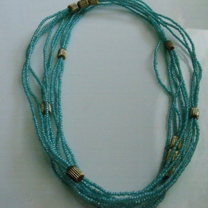 Vintage 50&#39;s Beaded Turquoise and  Gold Color  Three Strand  Necklace 30&quot; Long