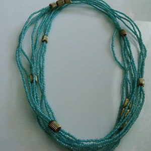 Vintage 50's Beaded Turquoise and Gold Color Three Strand Necklace 30 Long image 1