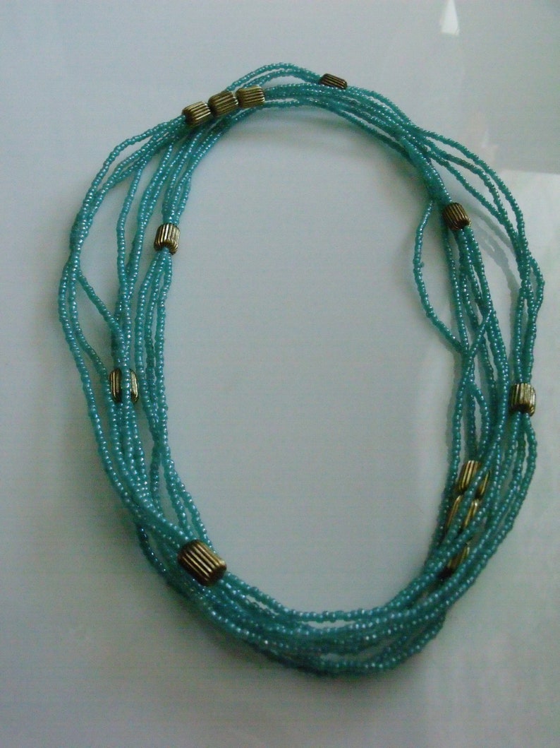 Vintage 50's Beaded Turquoise and Gold Color Three Strand Necklace 30 Long image 1