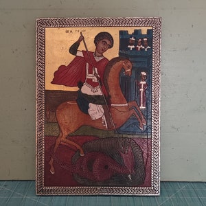 St. George and The Dragon Hand Painted Wood Carved Panel Exact Replica of 1667 Bulgarian School with Natural Dyes