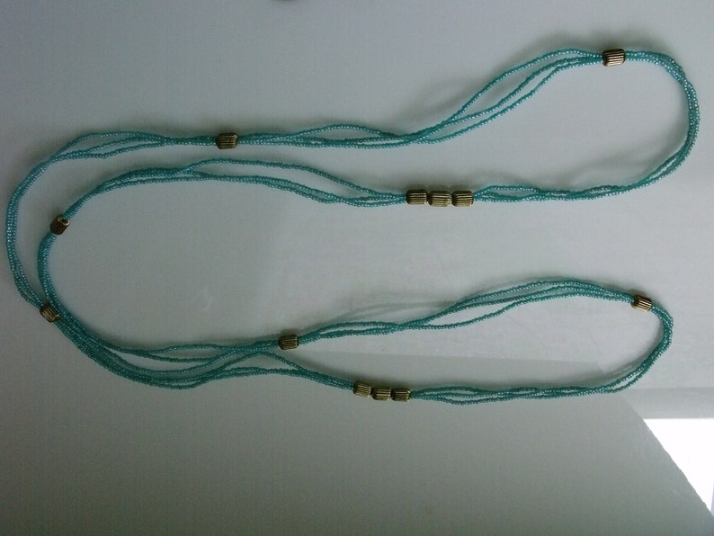 Vintage 50's Beaded Turquoise and Gold Color Three Strand Necklace 30 Long image 10