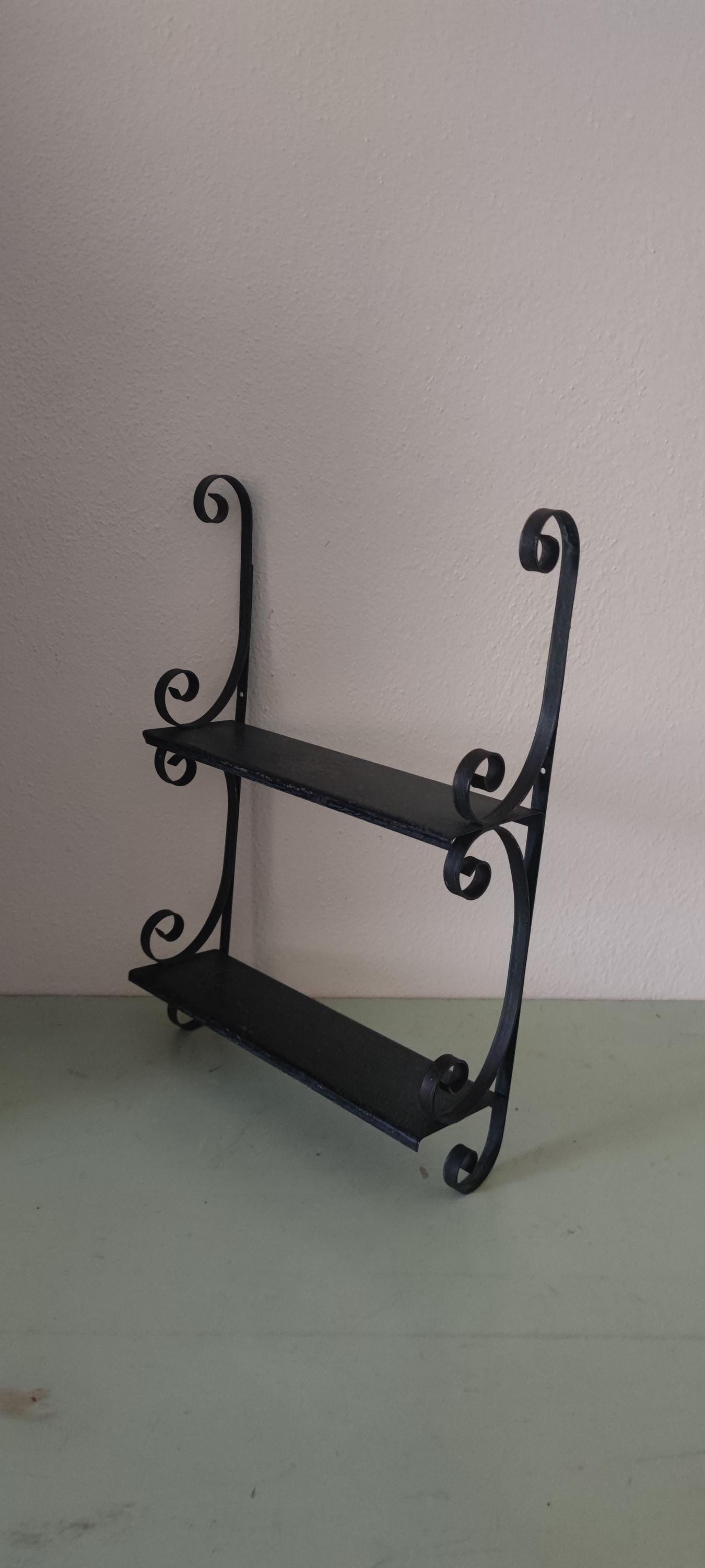1940's Two Tier Decorative Wrought Iron Metal Wall Shelf Forest