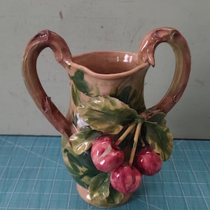 Italian Barbotine Majolica Cherries Art Pottery Vase