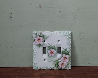 Pink Dog Roses Porcelain Fine China Floral Double Light Switch Cover