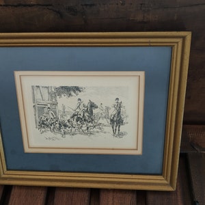 Foxhounds Hunters Ink Art Etching /  Original Etching Foxhunt  Horses Hunting Scene