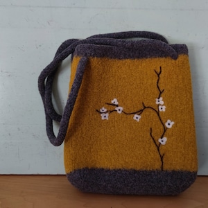 Natural 100% Felted Merino Wool Autumn Cherry Blossoms Knitted Hand Bag Purse