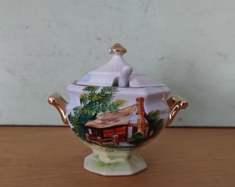 OMC Japan Porcelain Sugar Lidded Punch Bowl con cuchara Pintado a mano Souvenir