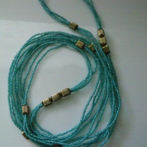 Vintage 50's Beaded Turquoise and Gold Color Three Strand Necklace 30 Long image 4