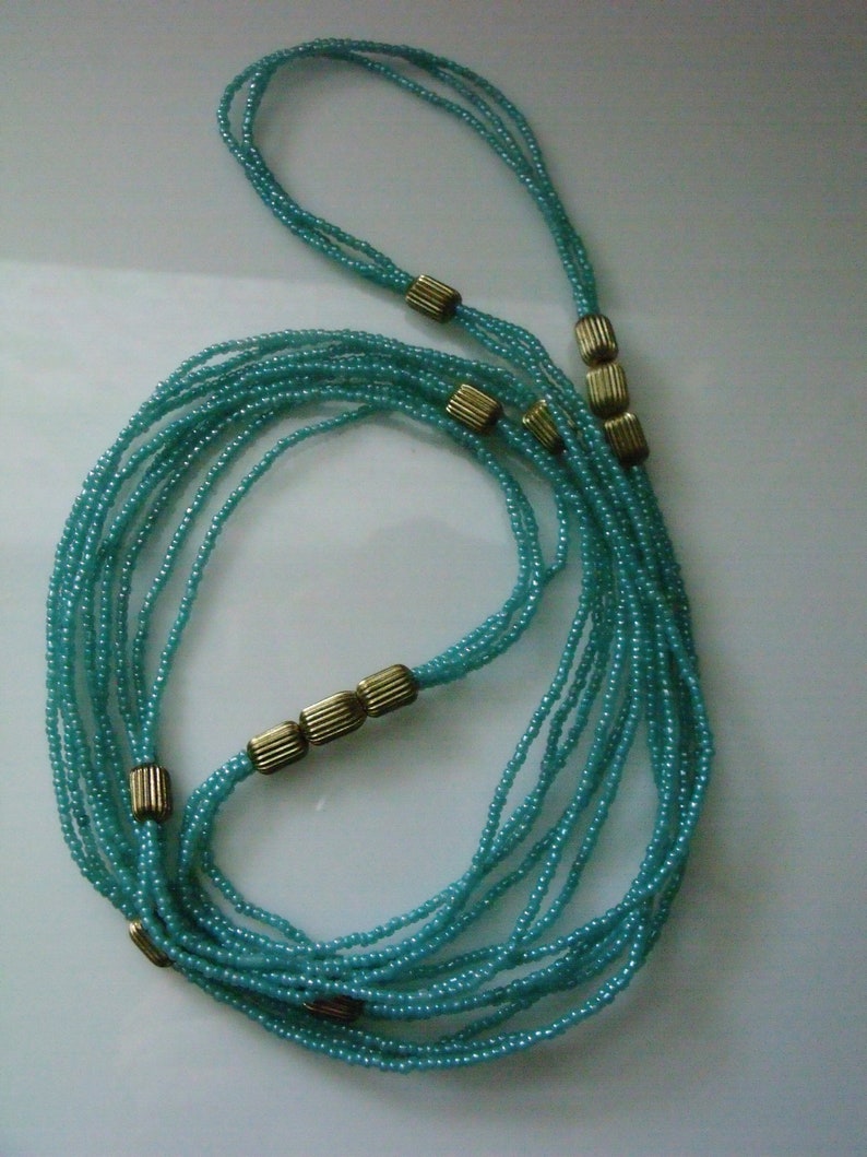 Vintage 50's Beaded Turquoise and Gold Color Three Strand Necklace 30 Long image 4