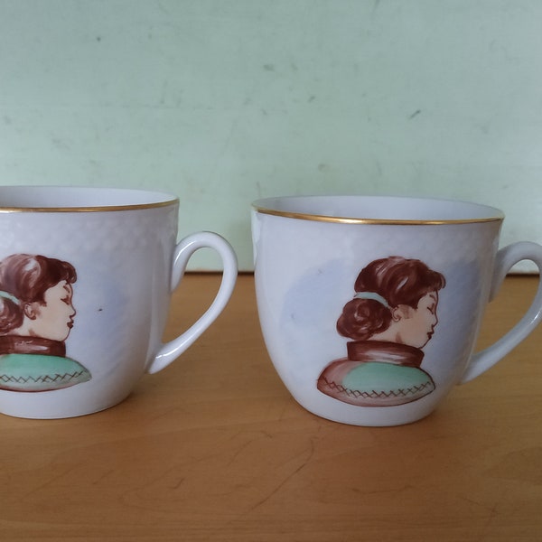 Vintage Danish Porcelain Cups Painted Native Sami Woman Håndmalet Danmark