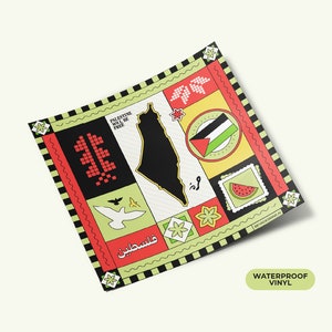May include: A colorful sticker with a black and white map of Palestine, a red and green Palestinian flag, and the text "Palestine Will Be Free". The sticker also features a dove, a watermelon, and a variety of geometric shapes in red, green, yellow, and black.