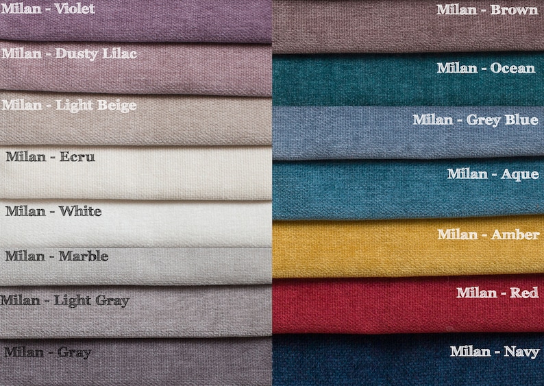 May include: A color swatch image featuring various fabric samples. The samples are labeled with the word "Milan" followed by a color name. Colors include violet, dusty lilac, light beige, ecru, white, marble, light gray, gray, brown, ocean, grey blue, aque, amber, red, and navy.