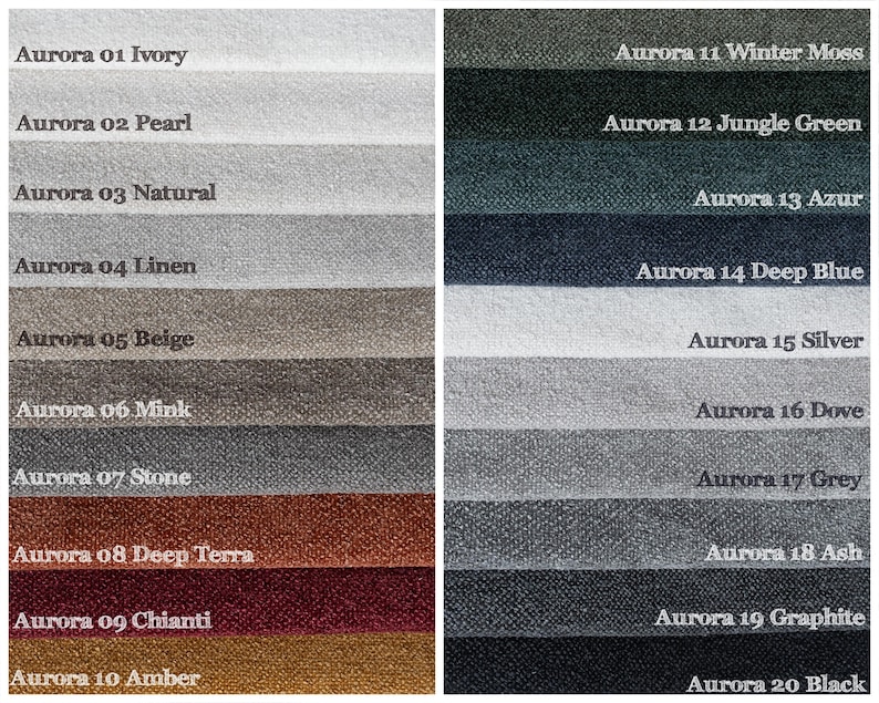 May include: A color chart featuring twenty fabric swatches in various shades. The swatches are labeled with names like "Ivory," "Pearl," "Natural," and "Deep Blue." The color palette ranges from light neutrals to deep, saturated hues, suitable for upholstery or home decor.