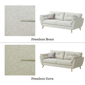May include: Two light-colored sofas with wooden legs and patterned throw pillows. The top sofa is labeled "Freedom Bone," and the bottom sofa is labeled "Freedom Ecru." Each sofa has a matching fabric swatch.