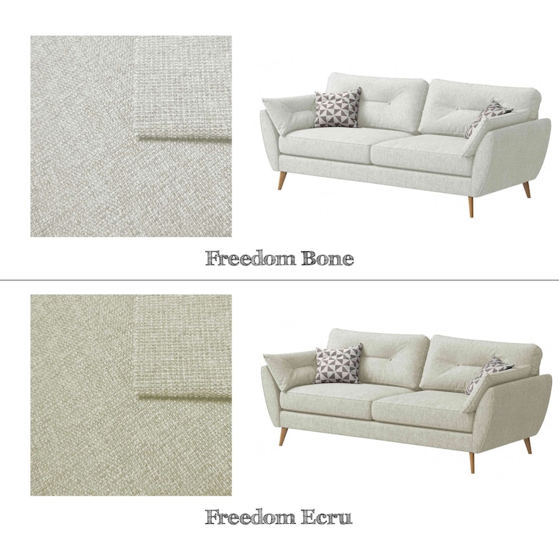 May include: Two light-colored sofas with wooden legs and patterned throw pillows. The top sofa is labeled "Freedom Bone," and the bottom sofa is labeled "Freedom Ecru." Each sofa has a matching fabric swatch.
