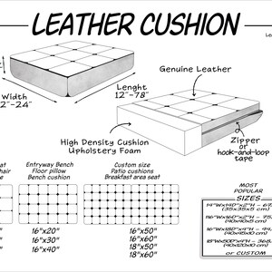 May include: Diagram of a leather cushion with dimensions: 12-78 inches long, 12-24 inches wide, and 2-4 inches high. Features include genuine leather, high-density foam, and a zipper or hook-and-loop tape closure. Color options are shown.