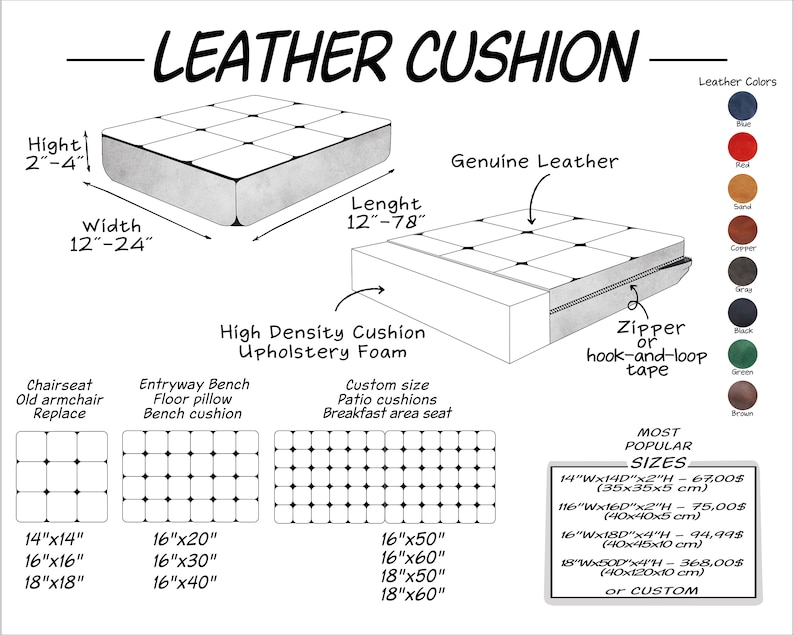 May include: Diagram of a leather cushion with dimensions: 12-78 inches long, 12-24 inches wide, and 2-4 inches high. Features include genuine leather, high-density foam, and a zipper or hook-and-loop tape closure. Color options are shown.