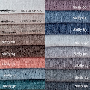 May include: A fabric swatch display featuring various textured samples in a range of colors. The swatches are labeled with the word "Sicily" followed by a number, with some marked "OUT OF STOCK". Colors include beige, brown, blue, and gray.