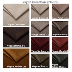 May include: A collection of fabric swatches from the "Vogue Collection Velours." The swatches are in various colors, including cream, beige, brown, burgundy, and olive. Each swatch is labeled with a color name and number.