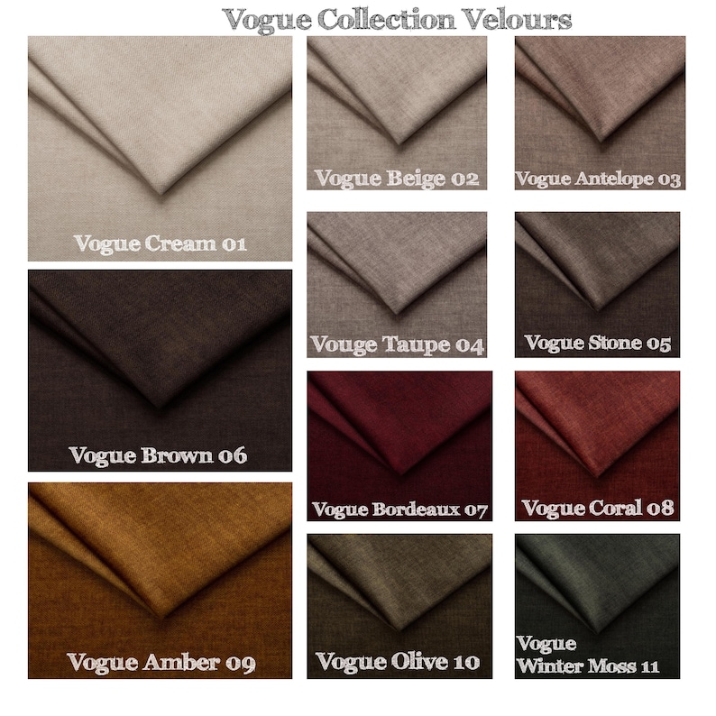 May include: A collection of fabric swatches from the "Vogue Collection Velours." The samples are arranged in a grid, showcasing various colors such as cream, beige, antelope, taupe, stone, brown, bordeaux, coral, amber, olive, and winter moss. Each swatch is labeled with its color name and number.