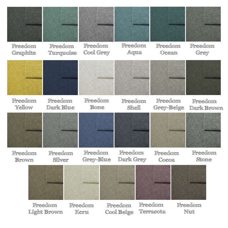 May include: A grid of fabric swatches in various colors, each labeled with the word "Freedom" followed by a color name. Colors include Graphite, Turquoise, Cool Grey, Aqua, Ocean, Grey, Yellow, Dark Blue, Bone, Shell, Grey-Beige, and Dark Brown.