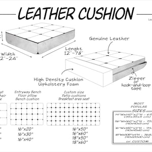 Op de afbeelding: Diagram van een leren kussen met afmetingen: 30-198 cm lang, 30-61 cm breed en 5-10 cm hoog. Kenmerken zijn echt leer, schuim met hoge dichtheid en een ritssluiting of klittenbandsluiting. Kleuropties worden getoond.