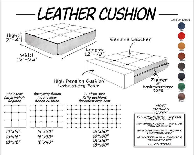 Op de afbeelding: Diagram van een leren kussen met afmetingen: 30-198 cm lang, 30-61 cm breed en 5-10 cm hoog. Kenmerken zijn echt leer, schuim met hoge dichtheid en een ritssluiting of klittenbandsluiting. Kleuropties worden getoond.
