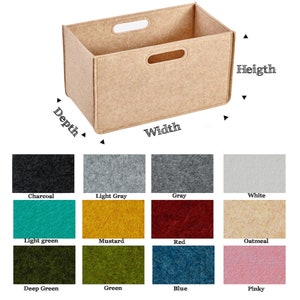 May include: A beige felt storage box with two cut-out handles. The box is shown from the side with the depth, width, and height labeled.  Below the box are 12 color swatches: charcoal, light gray, gray, white, light green, mustard, red, oatmeal, deep green, green, blue, and pinky.