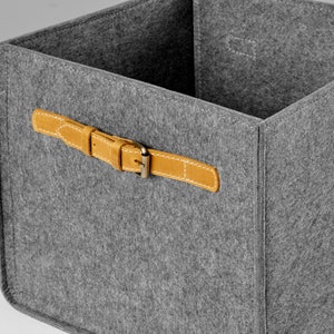 Storage box with leather hands for wardrobe shelfs. Custom size bins. Gray