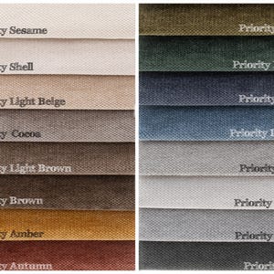 May include: A color palette of fabric swatches, each labeled with a "Priority" name. Colors range from light beige and brown to olive, navy, and denim. The swatches are arranged in horizontal rows, showcasing various textures and shades.