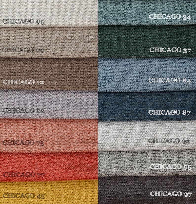 May include: A color palette of fabric swatches labeled "CHICAGO" with numbers. The swatches display a variety of colors, including beige, brown, blue, red, and gray. The fabric appears to have a textured weave.
