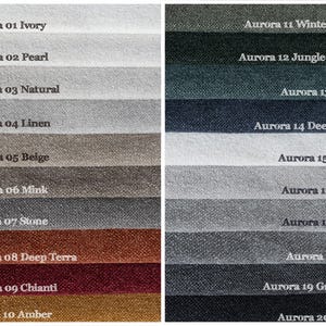 May include: A color palette of fabric swatches labeled "Aurora" with various shades. Colors range from ivory, pearl, and natural to deep blue, silver, and black. Each swatch is labeled with a number and color name.